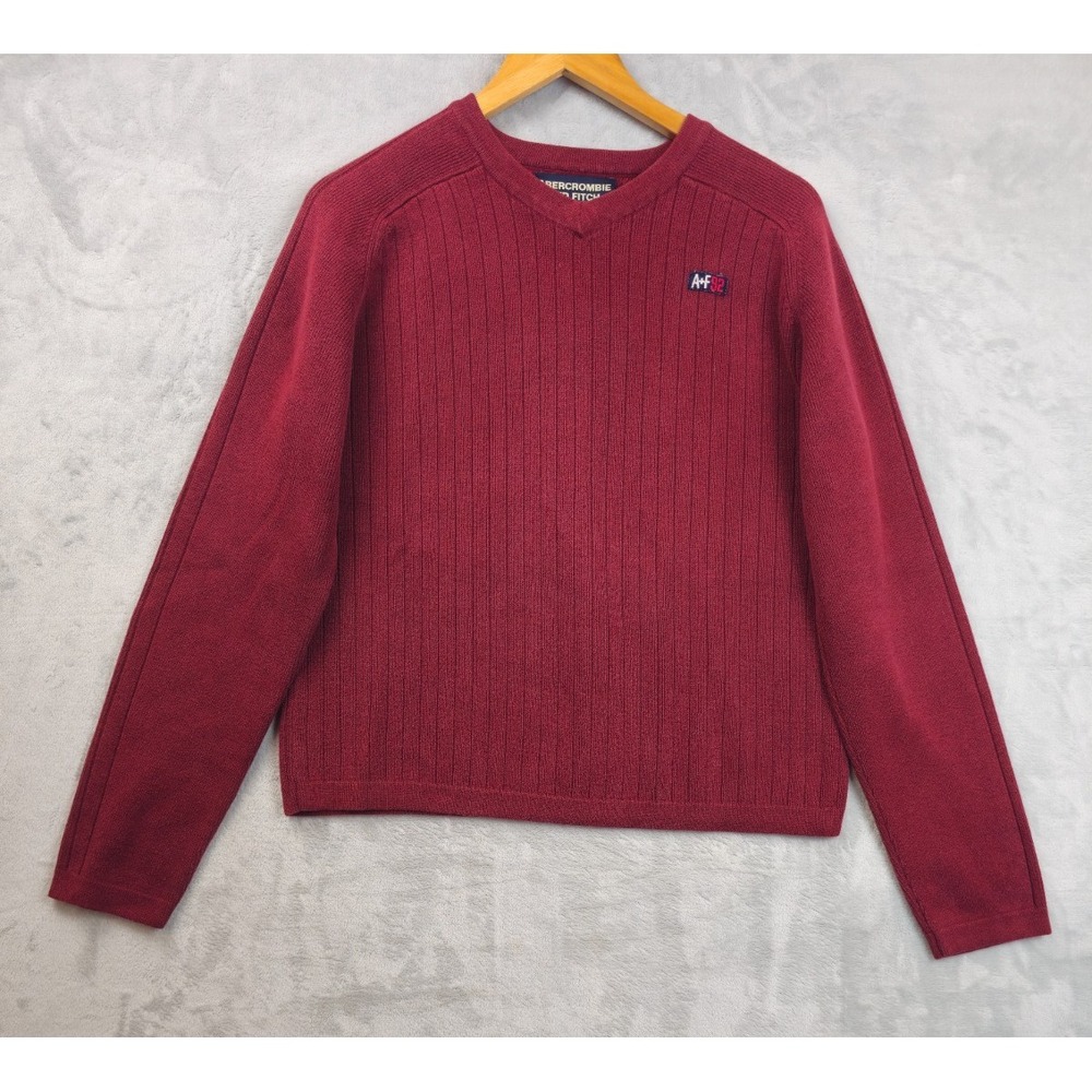 Abercrombie & Fitch Sweater Womens Medium Maroon Ribbed Boxy V Neck vtg y2k